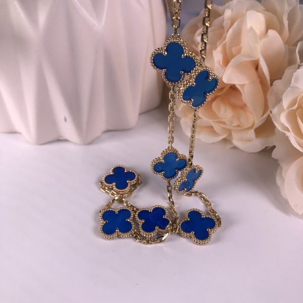 VAN CLEEF & ARPEL 18CT GOLD ALHAMBRA NECKLACE BLUE AGATE 10 MOTIFS