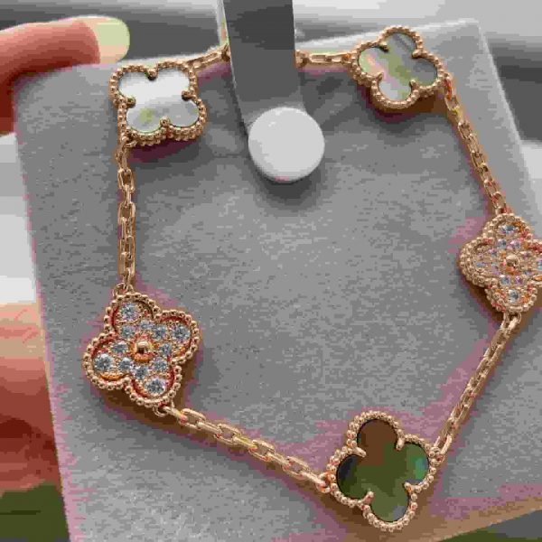 VCA Rose Gold Vintage Alhambra Bracelet 5 motifs Gray Mother-Of-Pearl Diamonds