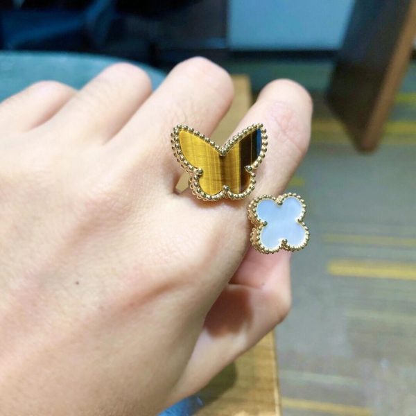 Van Cleef & Arpels 18K Gold Lucky Alhambra Between The Finger Ring Butterfly Tiger Eyes VCARN05800