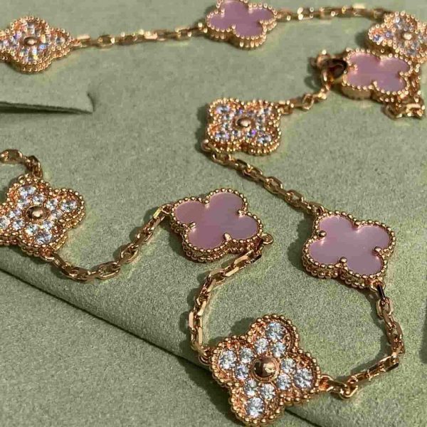 Van Cleef Arpels 18K Rose Gold Alhambra Necklace Pink Mother-Of-Pearl 10 Motifs Diamonds