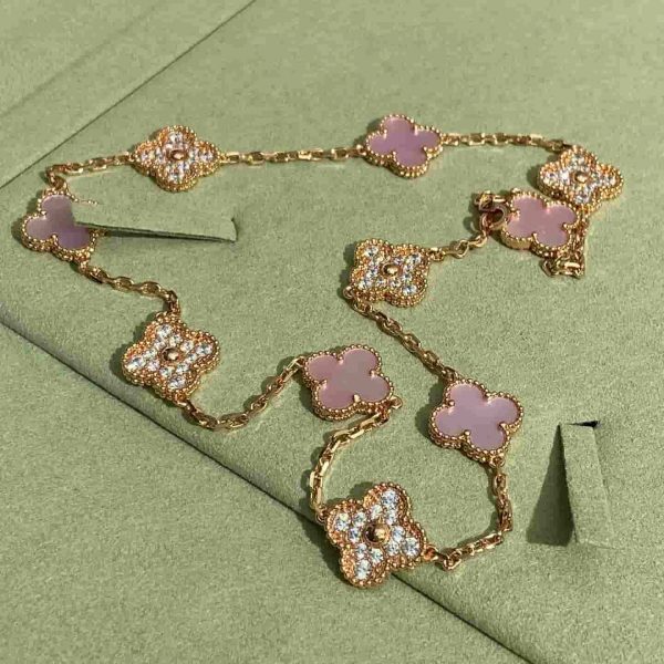 Van Cleef Arpels 18K Rose Gold Alhambra Necklace Pink Mother-Of-Pearl 10 Motifs Diamonds