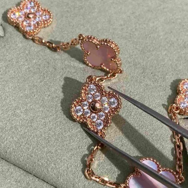 Van Cleef Arpels 18K Rose Gold Alhambra Necklace Pink Mother-Of-Pearl 10 Motifs Diamonds