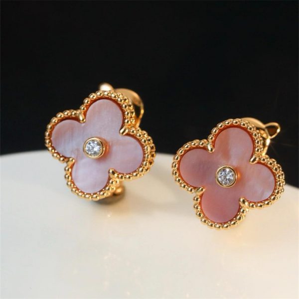 Van Cleef & Arpels 18K Vintage Alhambra Earrings Pink Mother-Of-Pearl Diamond