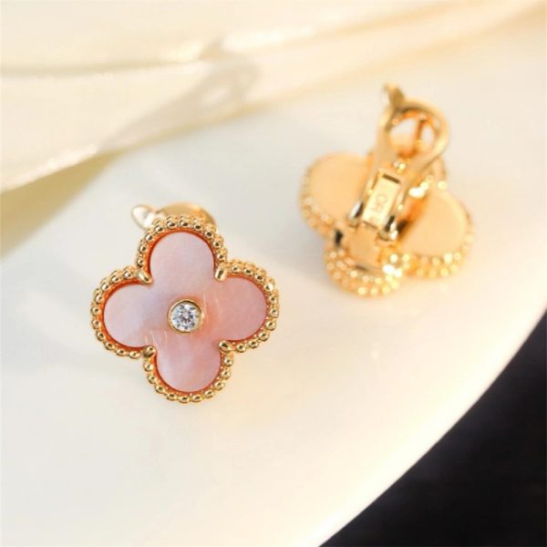 Van Cleef & Arpels 18K Vintage Alhambra Earrings Pink Mother-Of-Pearl Diamond