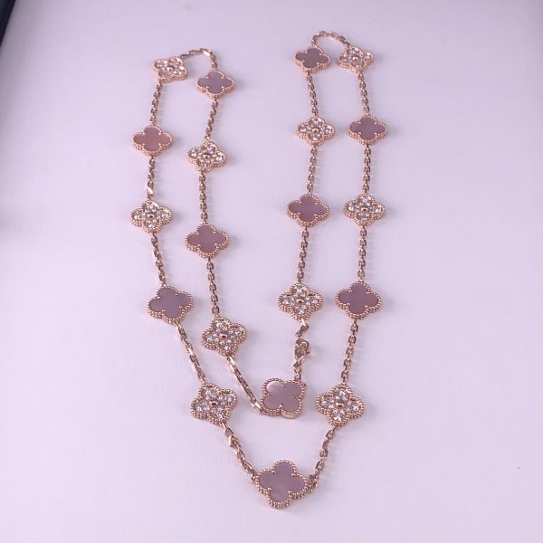 Van Cleef & Arpels Alhambra Necklace Pink Mother-Of-Pearl 20 Motifs Diamonds