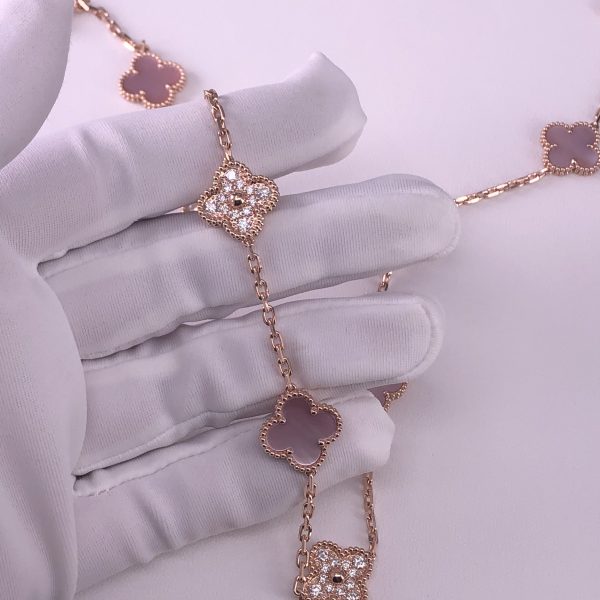 Van Cleef & Arpels Alhambra Necklace Pink Mother-Of-Pearl 20 Motifs Diamonds