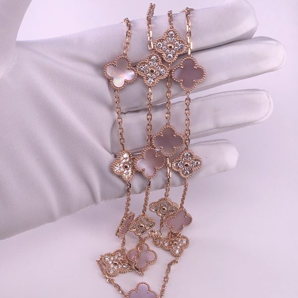 Van Cleef & Arpels Alhambra Necklace Pink Mother-Of-Pearl 20 Motifs Diamonds