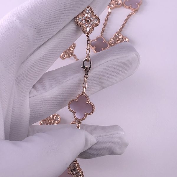 Van Cleef & Arpels Alhambra Necklace Pink Mother-Of-Pearl 20 Motifs Diamonds