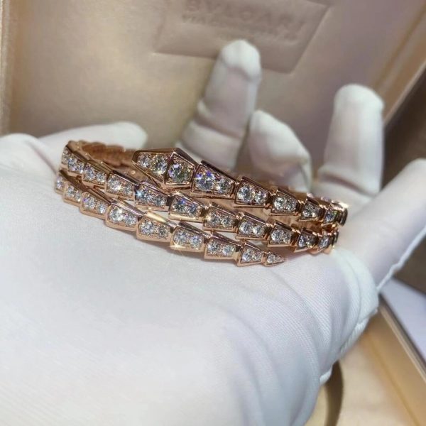 Bvlgari 18K Gold Viper Bracelet Full Pave Diamonds 2 coil