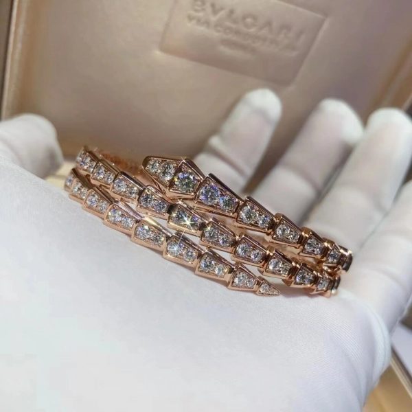 Bvlgari 18K Gold Viper Bracelet Full Pave Diamonds 2 coil