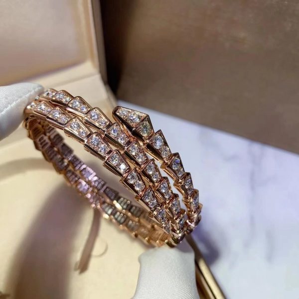 Bvlgari 18K Gold Viper Bracelet Full Pave Diamonds 2 coil