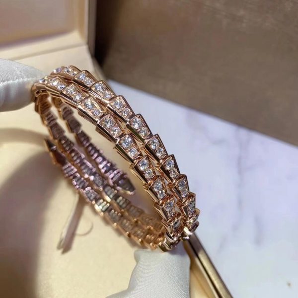 Bvlgari 18K Gold Viper Bracelet Full Pave Diamonds 2 coil