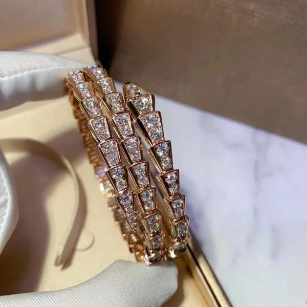 Bvlgari 18K Gold Viper Bracelet Full Pave Diamonds 2 coil