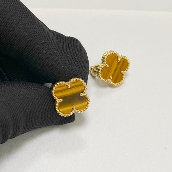 Replica VCA 18K Yellow Gold Vintage Alhambra Earrings Tiger Eyes