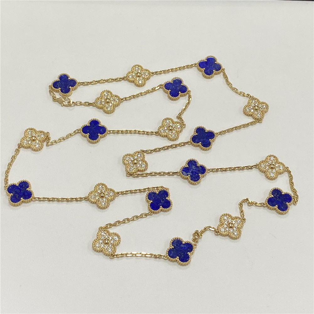 Van Cleef & Arpels 18K Yellow Gold 20 Motifs Diamonds And Lapis Alhambra Necklace