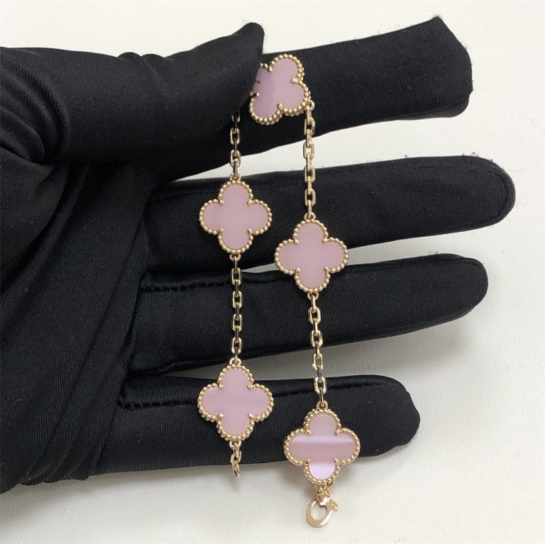 Van Cleef And Arpels Vintage Alhambra Bracelet 5 Motifs Pink Opal Luxury Brand Jewellery 3303